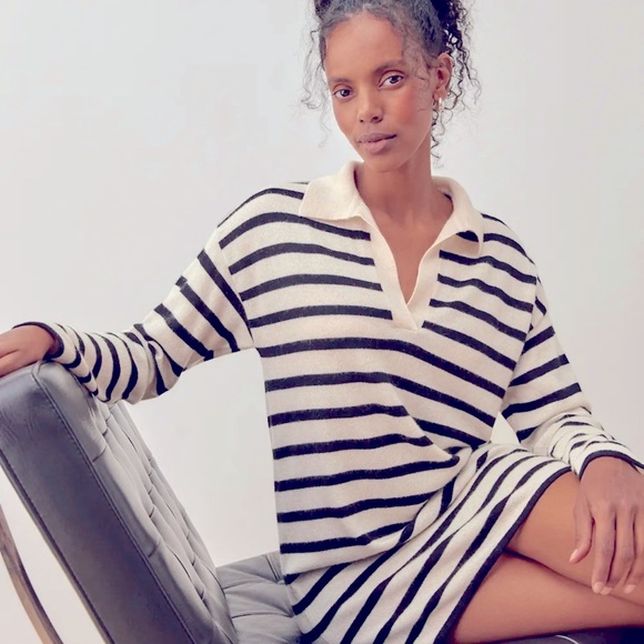 Reformation Doreen Cashmere Polo Mini Dress, Size: Small, Gossamer Black Stripe - Picture 4 of 10